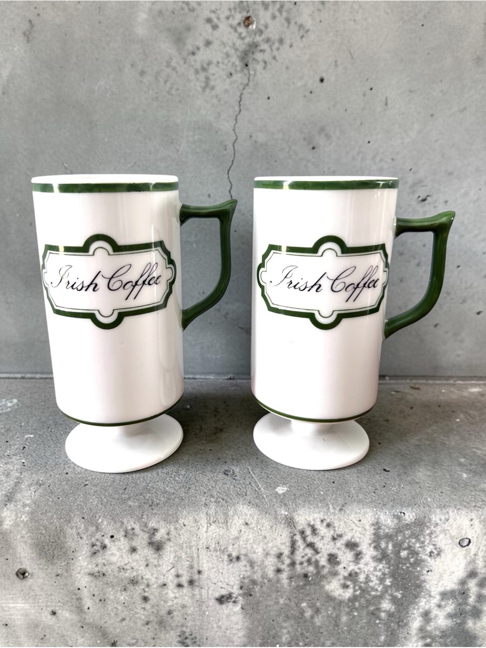 Source Unknown White Pedestal Irish Coffee Mugs with Green Trim (Pair)